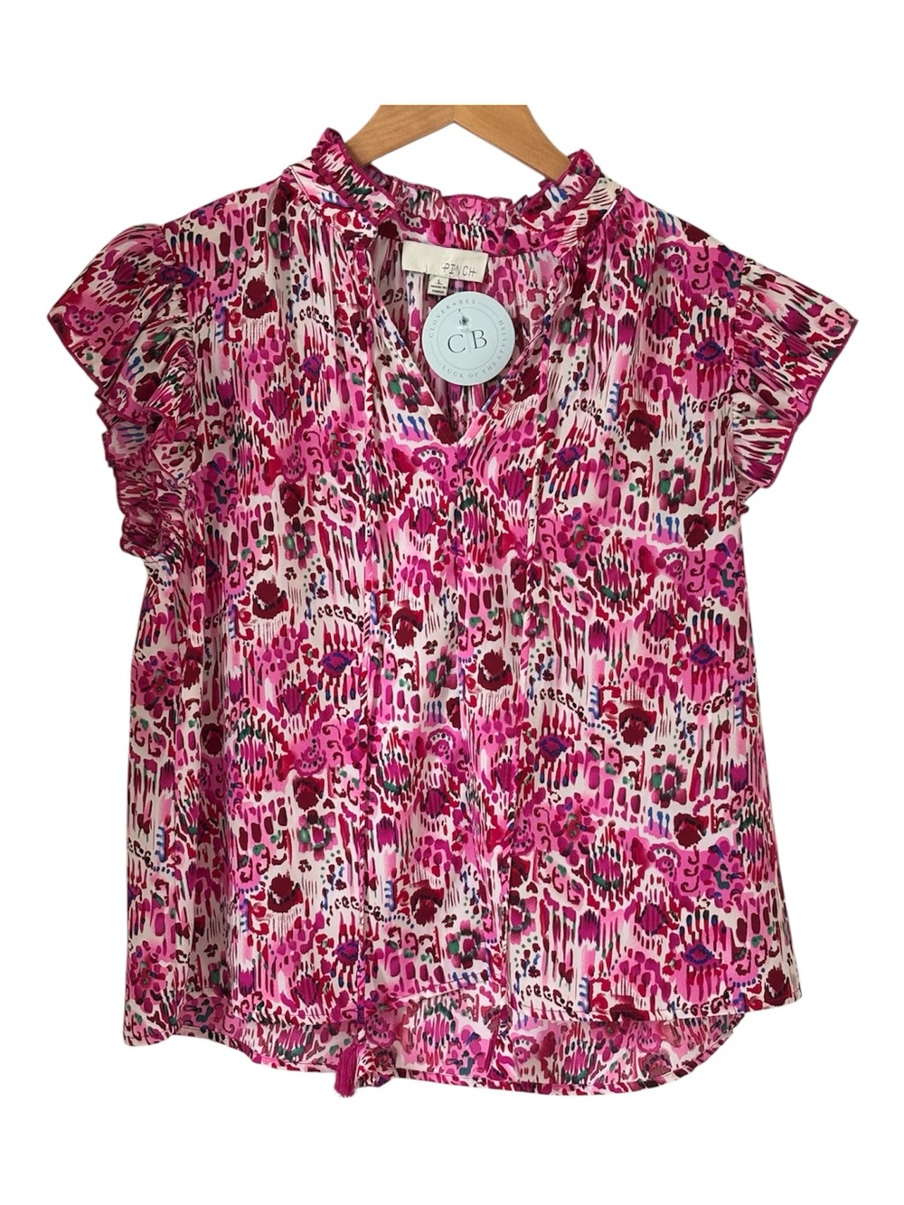 Pinch Pink Multi-Print Ruffle Sleeve V-Neck Blouse